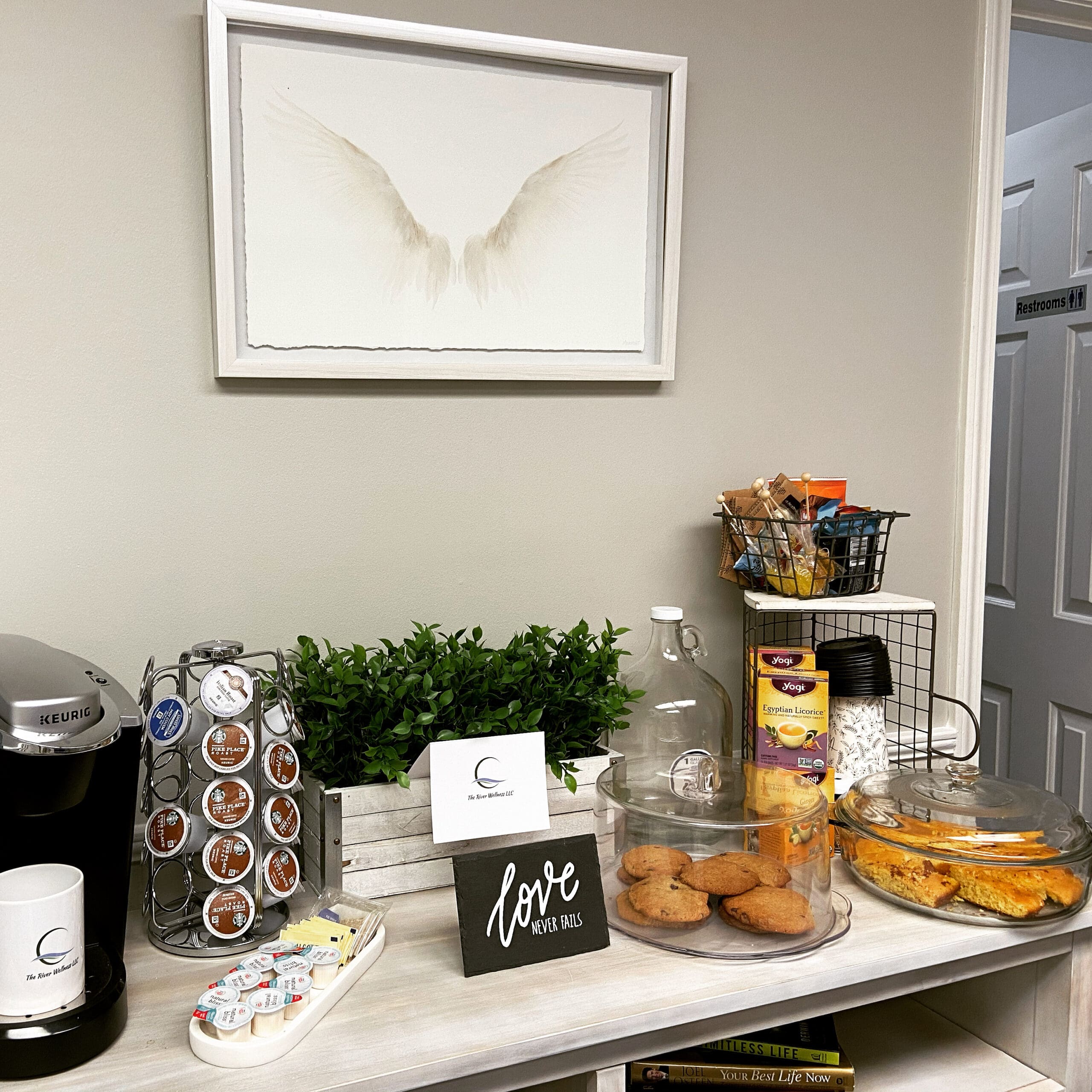 A counter with some food and drinks on it