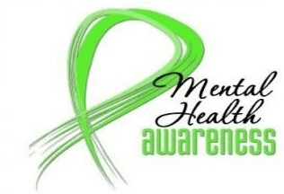 A green ribbon with the words mental health awareness written on it.